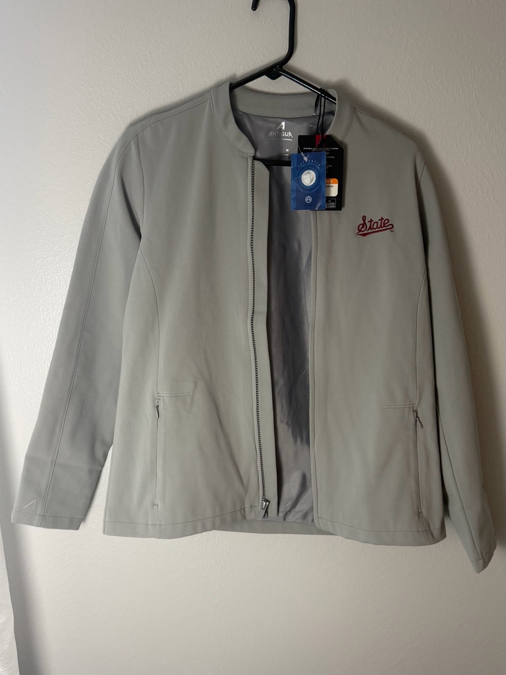 Antigua Mississippi State Light Gray Full-Zip Jacket with 'State' Embroidery
